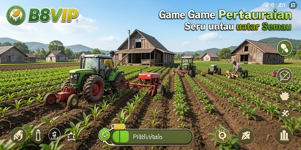 Tampilan screenshot B8VIP menampilkan kebun hijau yang rimbun dan hewan ternak aktif.