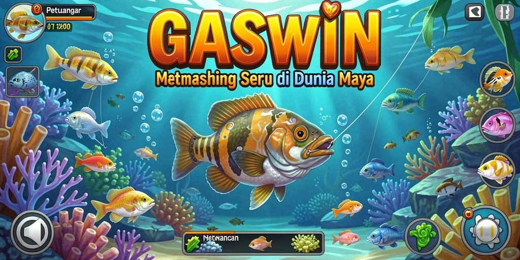 Screenshot gameplay GASWIN yang menunjukkan aksi memancing yang seru dan interaktif.