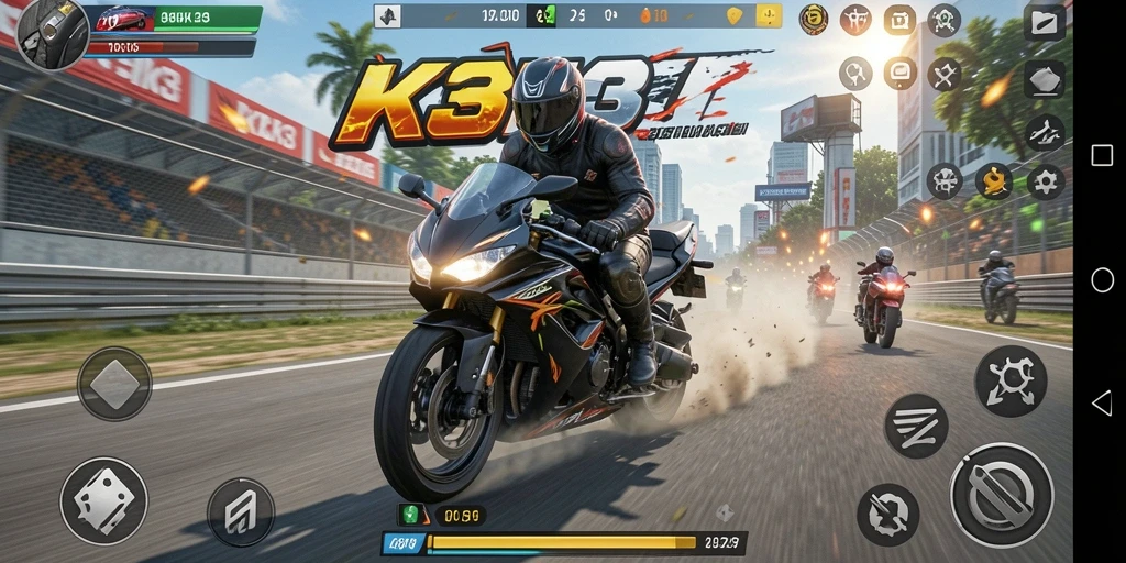 Tampilan gameplay K3K3 dengan aksi balapan motor yang seru.