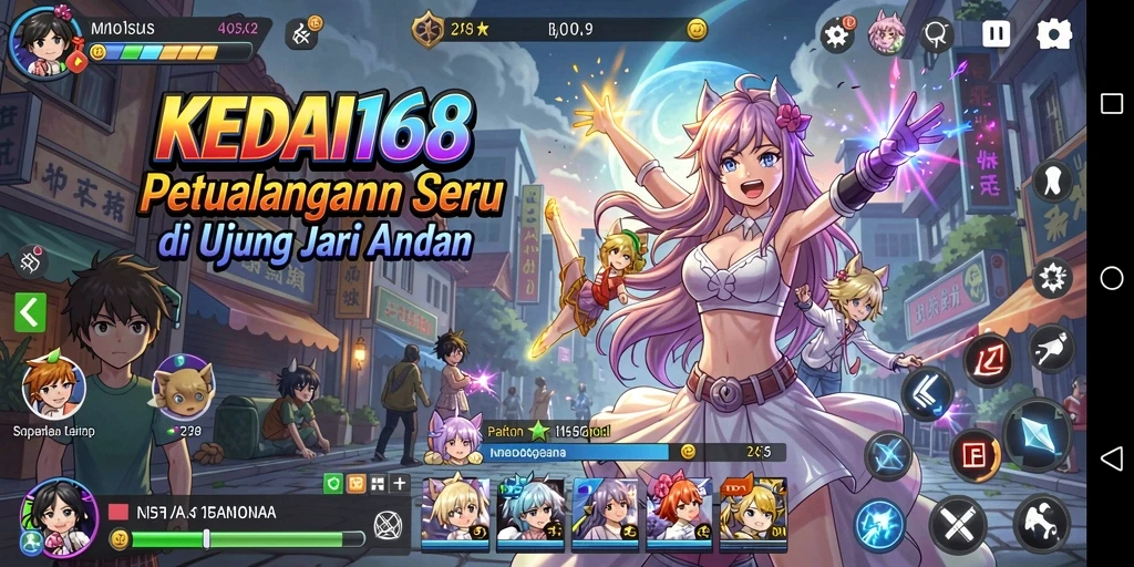 Screenshot gameplay KEDAI168 menunjukkan pertarungan epik karakter anime.